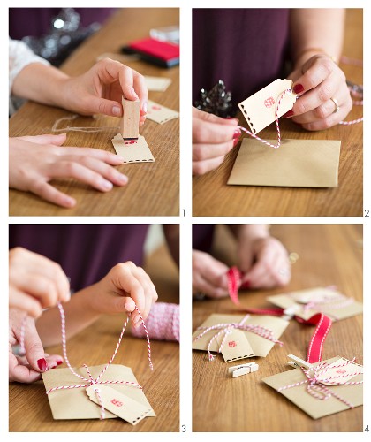 Adventskalender aus Briefumschlägen mit gestempelten, nummerierten Geschenkanhängern basteln