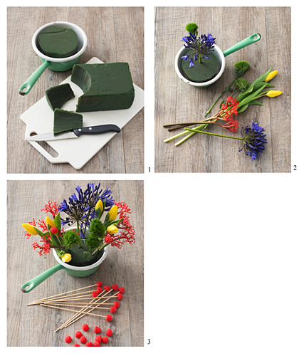 Anleitung für ein Gesteck mit Tulpen, Jatropha und Schmucklilien