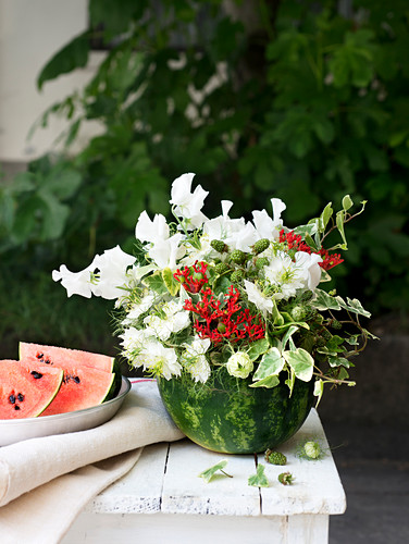 Sommergesteck mit Wicken, Efeu, Nigella und Jatropha in ausgehöhlter Wassermelone
