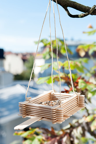 Bird feeder handmade from lolly sticks