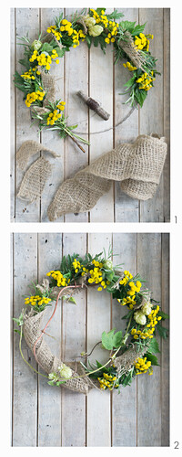 Make a wreath from tansy (Tanacetum vulgare), hops (Humulus), blackberry leaves (Rubus) and burlap ribbon