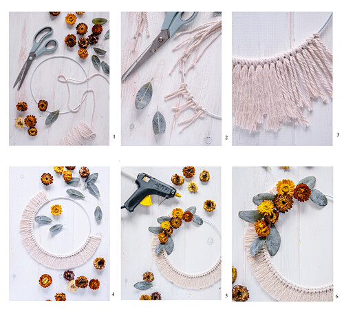 Instructions for making macramé wreath with everlasting flowers and eucalyptus leaves