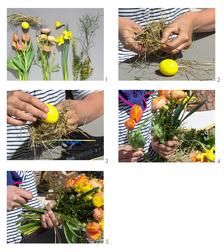 Osterstrauß aus Tulpen, Ranunkeln und Narzissen binden