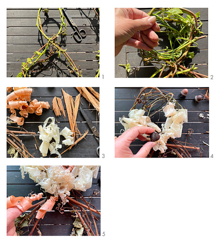 Make a door wreath with a fox motif from wood shavings