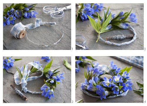 A gentiana wreath being made