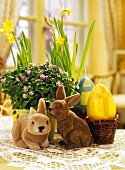 Easter decoration: fabric bunnies and egg-shaped candles