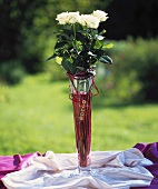White roses in glass vase with coloured water