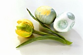 Easter eggs and yellow tulip