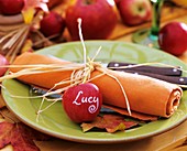 Orange napkin tied with raffia and apple with name