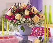 Arrangement of roses, pinks, Gypsophila and lavender