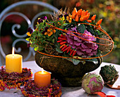 Arrangement of ornamental peppers, cabbage and pansies 