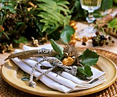 Napkin decoration with beech twig and beechmasts