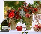 Autumnal arrangements of berries & cushion bush on window-sill