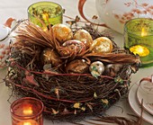 Nest of dead twigs with gold marbled eggs
