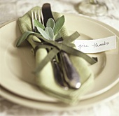 Place-setting with sage for Thanksgiving