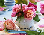 Small posy of peonies in teapot