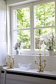 Lattice window, decorative candelabras, bird figurine and potted orchid