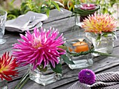 Dahlias and floating candle in square glasses