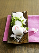 Boiled eggs in a dish with salt and blossom
