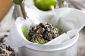 Ball of bird food in metal container with sprigs of spruce
