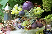 Fruit and hydrangeas on tiered stand