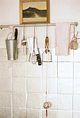 Kitchen utensils hanging on wall