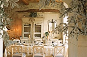 A dining room decorated for Christmas