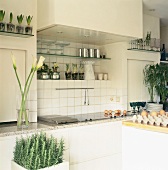 Frühlingsblumendeko in einer cremefarbenen Küche mit symmetrischen Grundformen