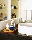 Kosmetikregal mit vielen Fläschchen und Tuben in modernem Badezimmer