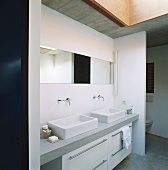 Modernes Badezimmer mit abgetrennter Toilette, Waschtisch mit rechteckigen Waschbecken und einem großen Oberlicht
