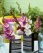 Gladioli in striped paper bags (table decoration)