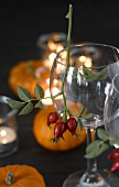 Rose hips on wine glass in front of pumpkins and tealights