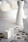 White pepper and salt shakers on a patterned table cloth