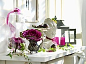 Glass cover, ornamental cabbage, bust & lantern on drawers