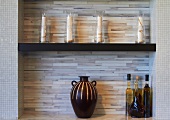 Kitchen Shelves with Decorative Bottles, Jar; Oils