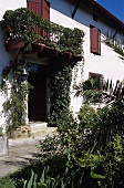 A house with a balcony and climbing plants