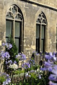 Blühende Blumen vor Kirchenfassade mit gotischen Fenstern