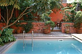 A pool with a ladder in front of a red stone wall in the grounds of a house