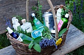 Basket with bath and body products in a gardne
