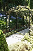 Path with flower beds and pergola
