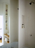 A detail of a modern bathroom in neutral colours, reflected in mirror, shower unit tiled in mosaic tiles,