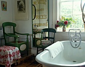 Bathroom in country house style with green wooden chairs