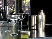 Bar utensils (cocktail glasses, an ice bucket, shaker and ice tongs)