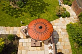 A view of a red sunshade on a terrace