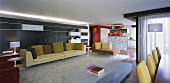 A spacious, open-plan living room with a designer sofa