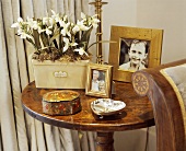 Blumenkasten mit Schneeglöckchen und gerahmte Familienphotos auf antikem Tisch