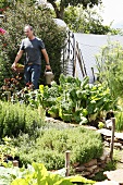 A man with a watering can in a vegetable garden