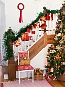 Decorated staircase and Christmas tree