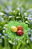 An Easter nest with coloured eggs in a flowery meadow