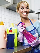 Housewife with cleaning products